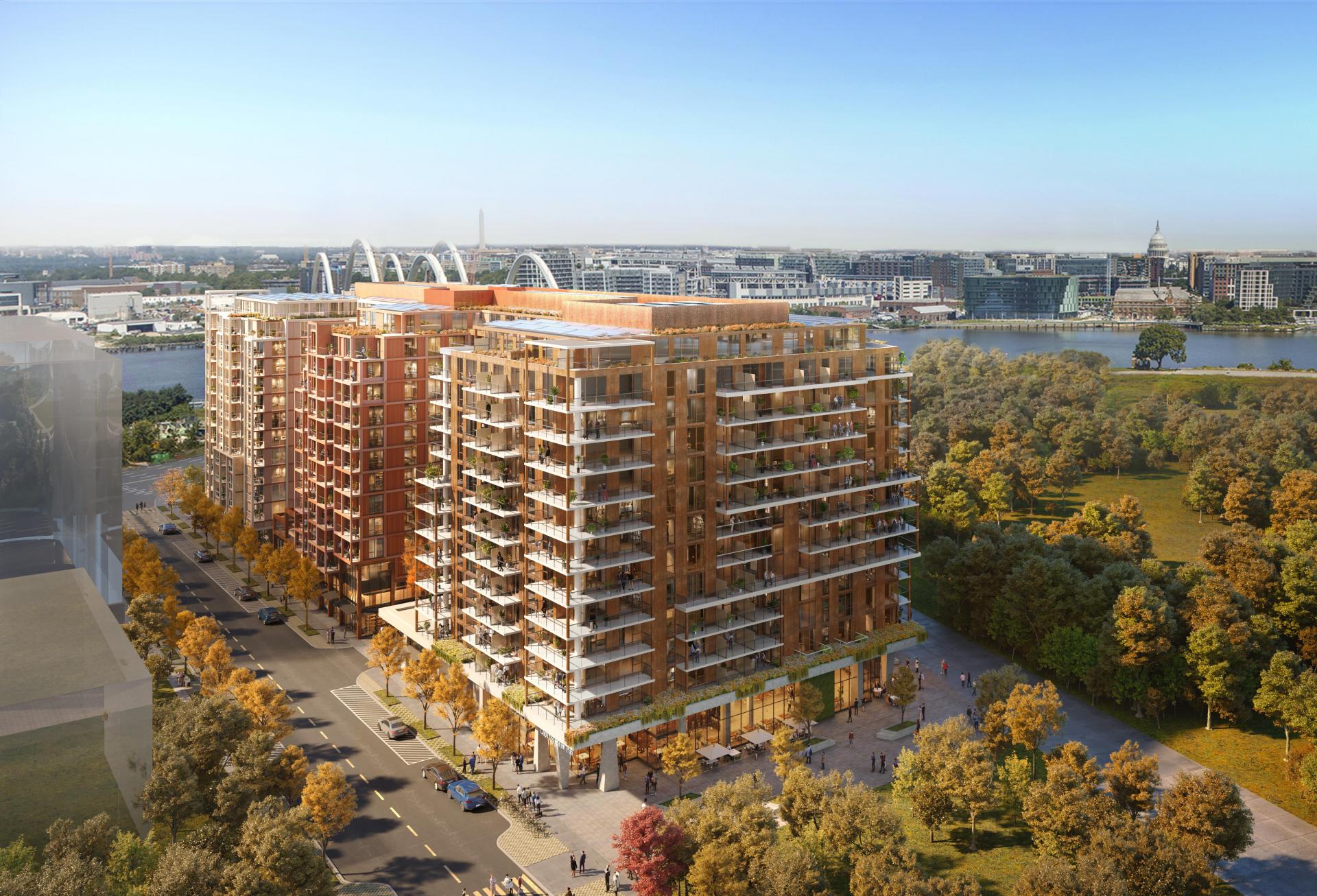 An aerial rendering of the Douglass, the first phase of Redbrick's Bridge District campus.