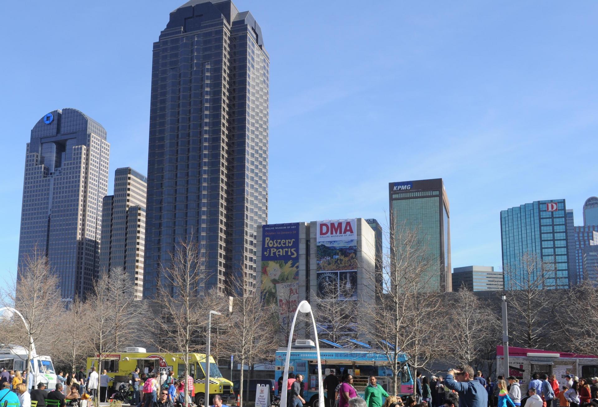 Dallas skyline from Klyde Warren Park. 