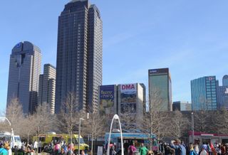 Dallas skyline from Klyde Warren Park. 