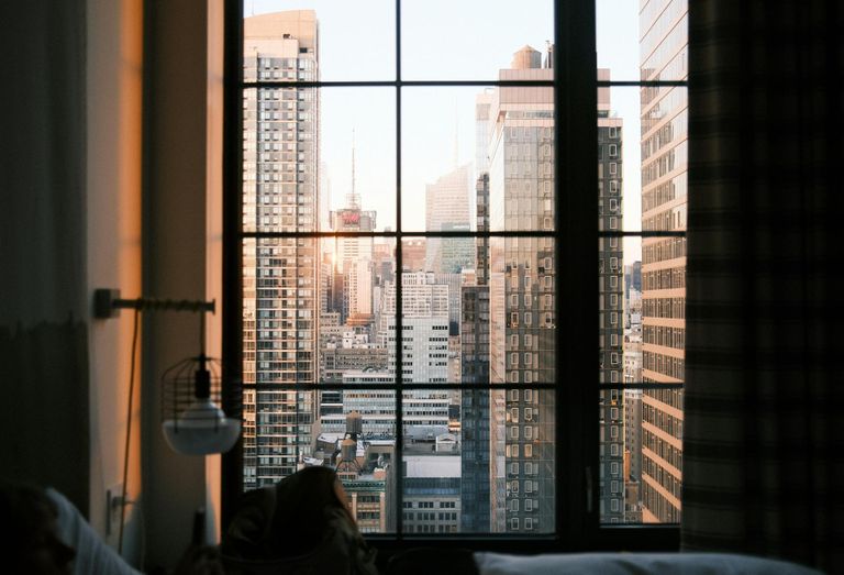a view of nyc from a hotel room