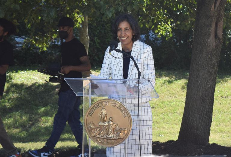 NHT Communities President Priya Jayachandran speaks during an event at the Congress Heights Metro station in Washington, D.C. on Sept. 14, 2022.