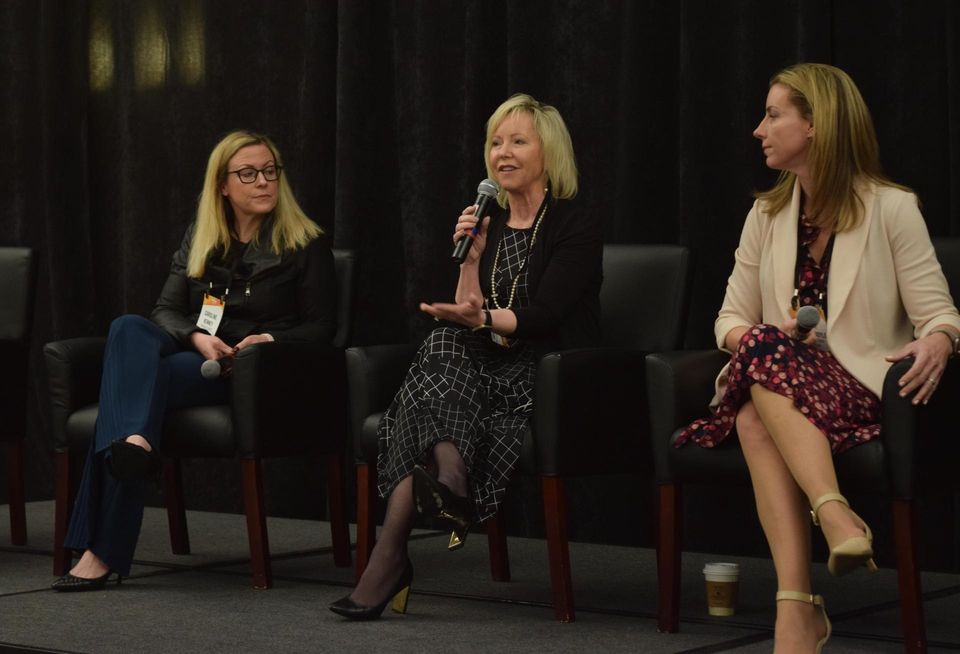 Caroline Kenney of Urban Atlantic, Gale Morgan of Mather LifeWays, and Cheri Clarke Doyle of Trammell Crow Co. speak during a panel at Bisnow's 2022 Mid-Atlantic Senior Housing Summit.