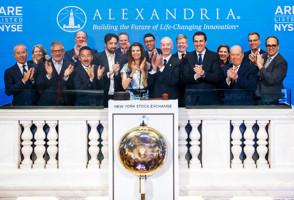 Alexandria executives ringing the New York Stock Exchange bell in May 2022 to celebrate the 25th anniversary of the company's IPO.