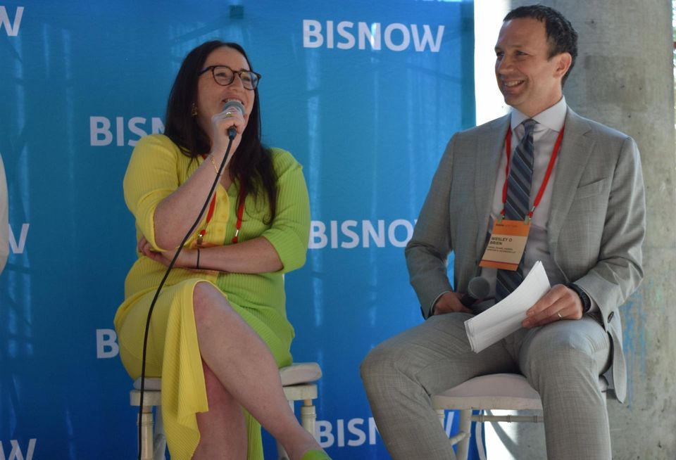 Code Green's Hannah Bronfman and Fried, Frank, Harris, Shriver & Jacobson's Wesley O'Brien on stage at Bisnow's NYC Sustainability & ESG event.