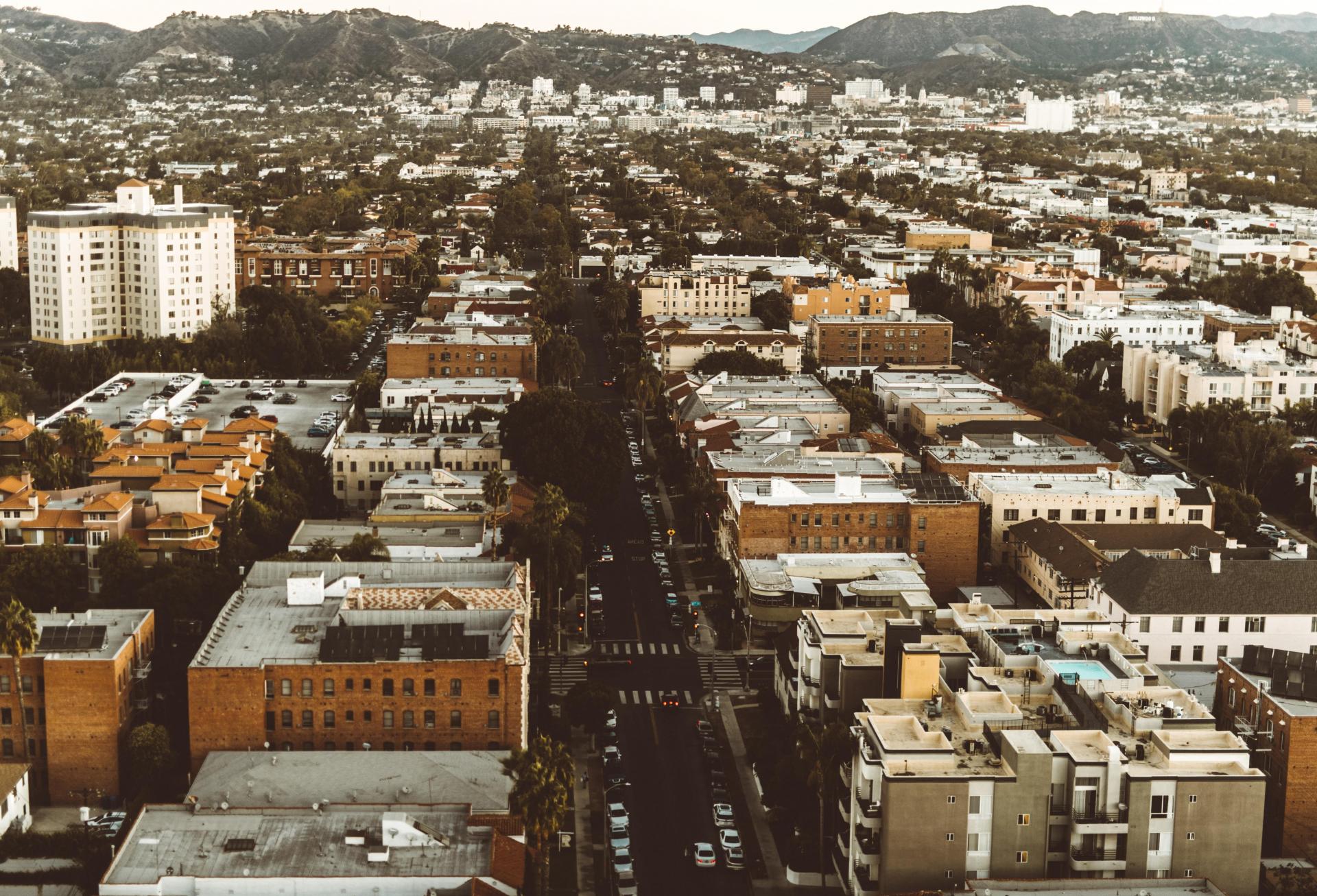 an aerial photo of hollywood, looking toward the hills