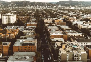 an aerial photo of hollywood, looking toward the hills