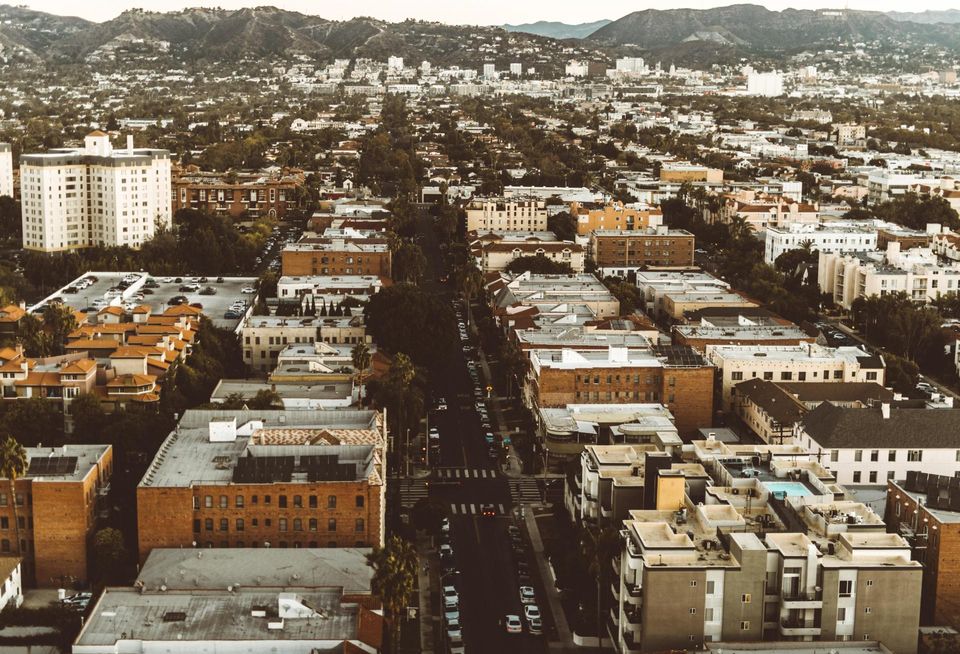 an aerial photo of hollywood, looking toward the hills