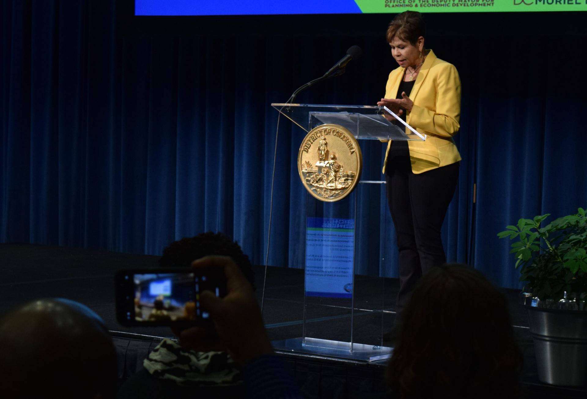 DCHA Executive Director Brenda Donald speaks during the mayor's Fair Shot Friday event on March 25, 2022
