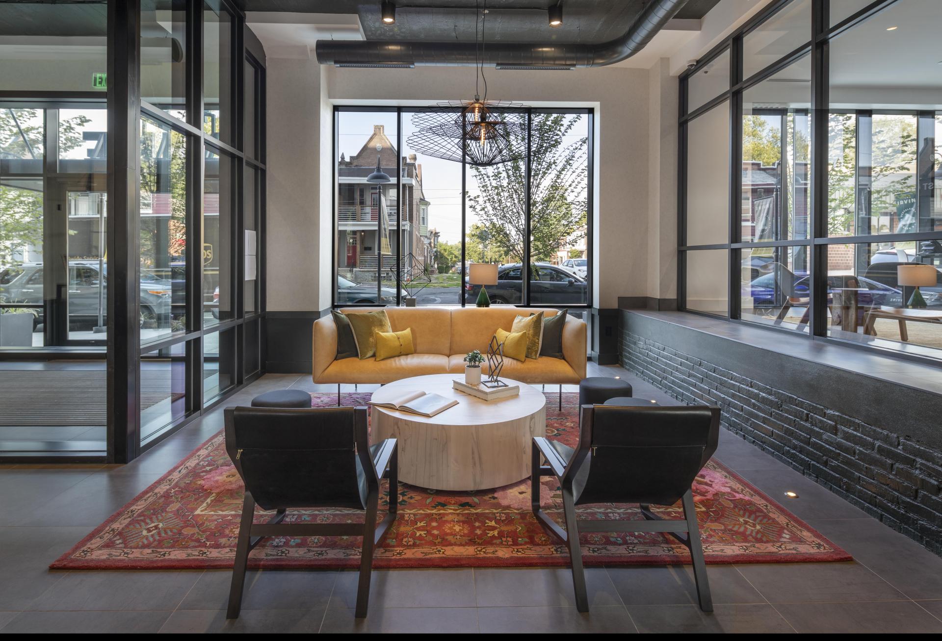 A lobby with aluminum windows.
