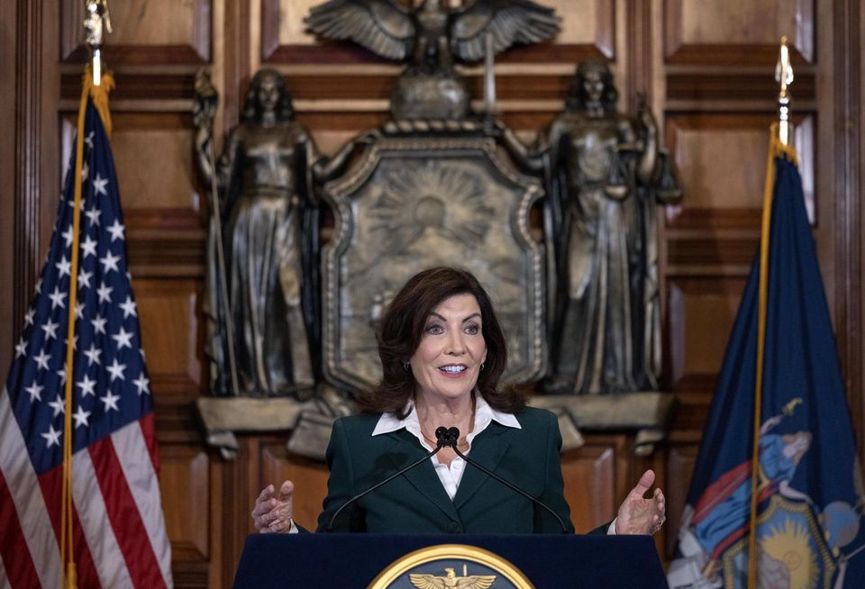 Gov. Kathy Hochul at a press conference Thursday evening, where she announced that she has reached a budget agreement with New York State lawmakers.