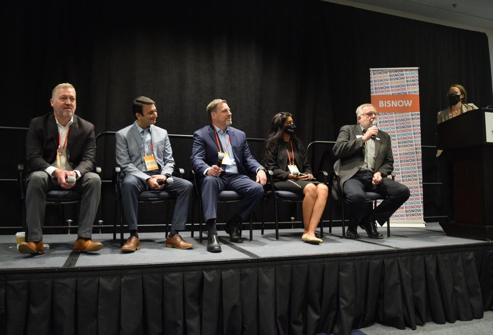 Siemens' Chad House, DPR Construction's Abhishek Dhawan, CannonDesign's Stephen Blair, Maryland Stem Cell Research Fund's Amritha Jaishankar, Maryland Tech Council's Martin Rosendale and University Systme of Maryland's Lindsay Ryan speak during a panel at Bisnow's Mid-Atlantic Life Sciences & Biotech summit