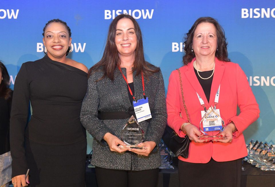 Steering committee member Citi’s Linda Foggie onstage at Bisnow's New York Women Leading Real Estate event with Taconic Partners’s Colleen Wenke and Hines’ Sarah Hawkins, recipients of the 2023 Leadership award.