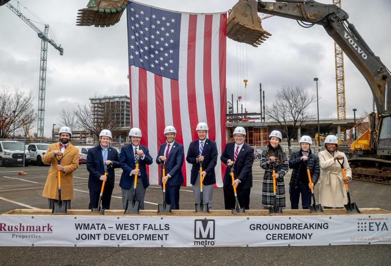 Development partners, WMATA leaders and local elected officials celebrating the groundbreaking of the West Falls Church project.