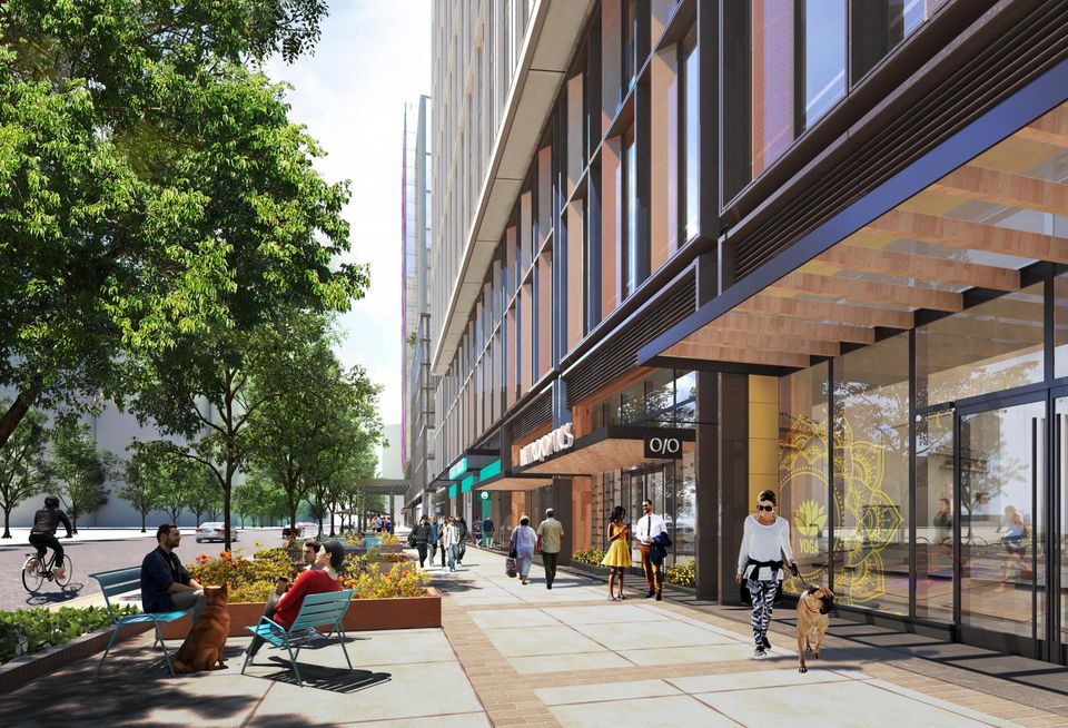 A rendering of the ground-floor retail and sidewalk space in the first buildings planned for Amazon HQ2