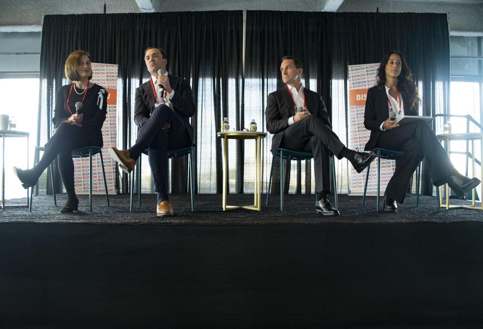 CBRE's Cathy Delcoco, Boston Propeties' Sam Orr, Comstock's Tim Steffan and Hunton Andrews Kurth's Jill Parks speak during Bisnow's Future of Reston & Herndon event