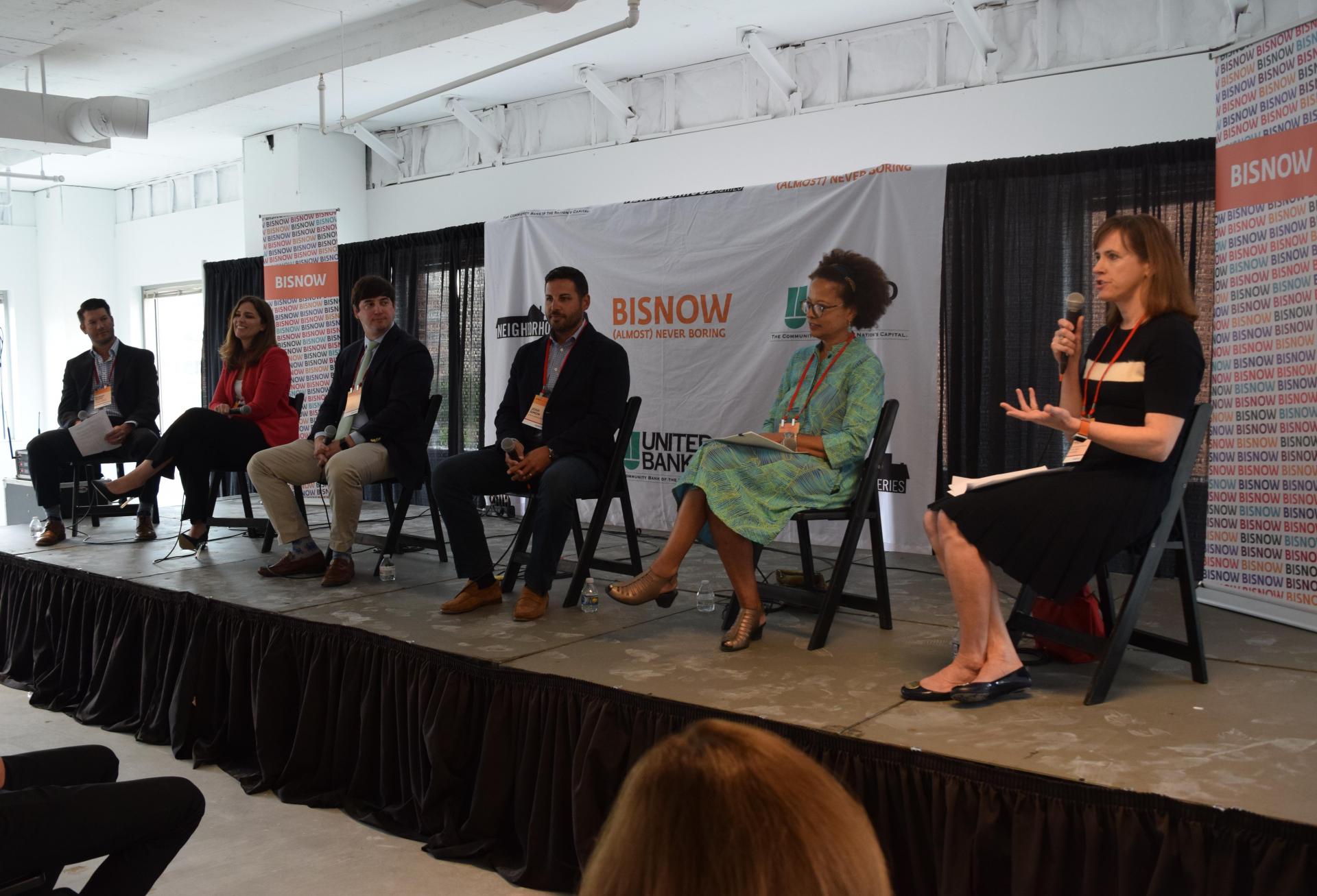 
Walsh Colucci's Robert Brant, Hilco's Michelle Beaman Chang, Carr's Austin Flajser, Lee & Associates' Josh Simon, Visit Alexandria's Patricia Washington and Alexandria Economic Development Partnership's Christina Mindrup speak during a panel at Bisnow's Future of Alexandria event.