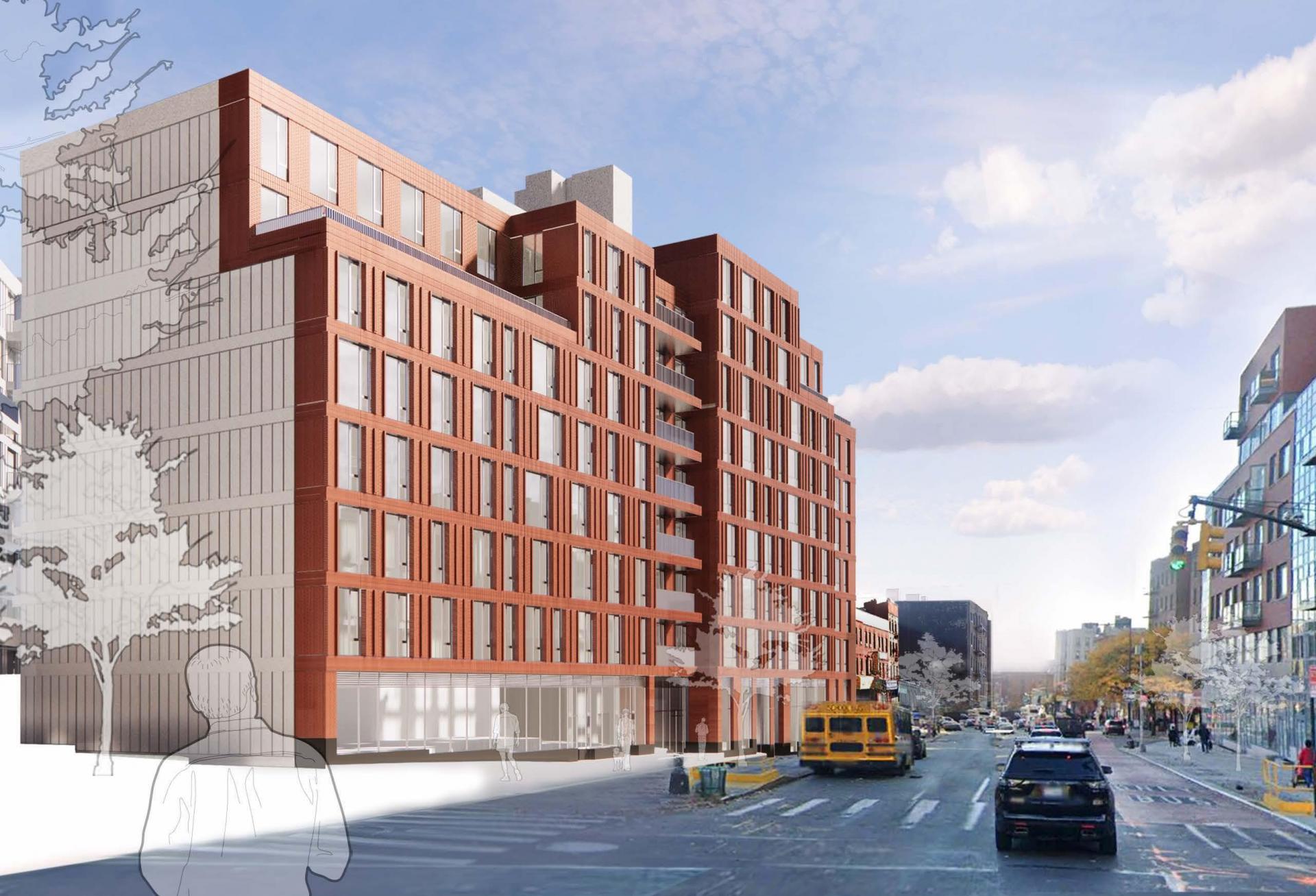 A rendering of 975 Nostrand Ave., a mixed-income apartment building in Crown Heights being developed by the Hudson Cos.