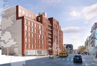 A rendering of 975 Nostrand Ave., a mixed-income apartment building in Crown Heights being developed by the Hudson Cos.