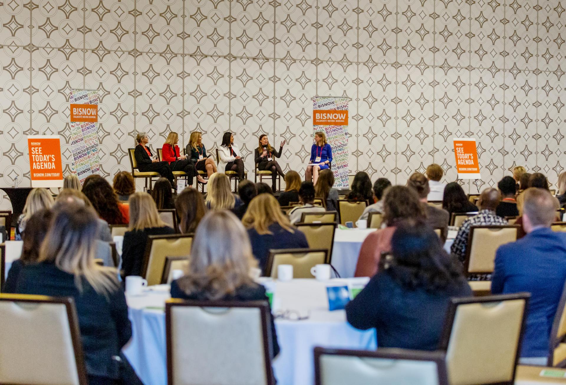 The crowd listens to Dermody Properties' Kathleen Briscoe, PCL Construction' Cathy Orquiola, CBRE's Val Achtemeier, Gensler's Barbara Bouza, Tangram Interiors' Lindsey Sage and Allen Matkins Elizabeth Wilgenburg at Bisnow's Los Angeles Power Women event Dec. 12 at the JW Marriott LA Live in downtown Los Angeles. The crowd listens to Dermody Properties' Kathleen Briscoe, PCL Construction' Cathy Orquiola, CBRE's Val Achtemeier, Gensler's Barbara Bouza, Tangram Interiors' Lindsey Sage and Allen Matkins Elizabeth Wilgenburg at Bisnow's Los Angeles Power Women event Dec. 12 at the JW Marriott LA Live in downtown Los Angeles