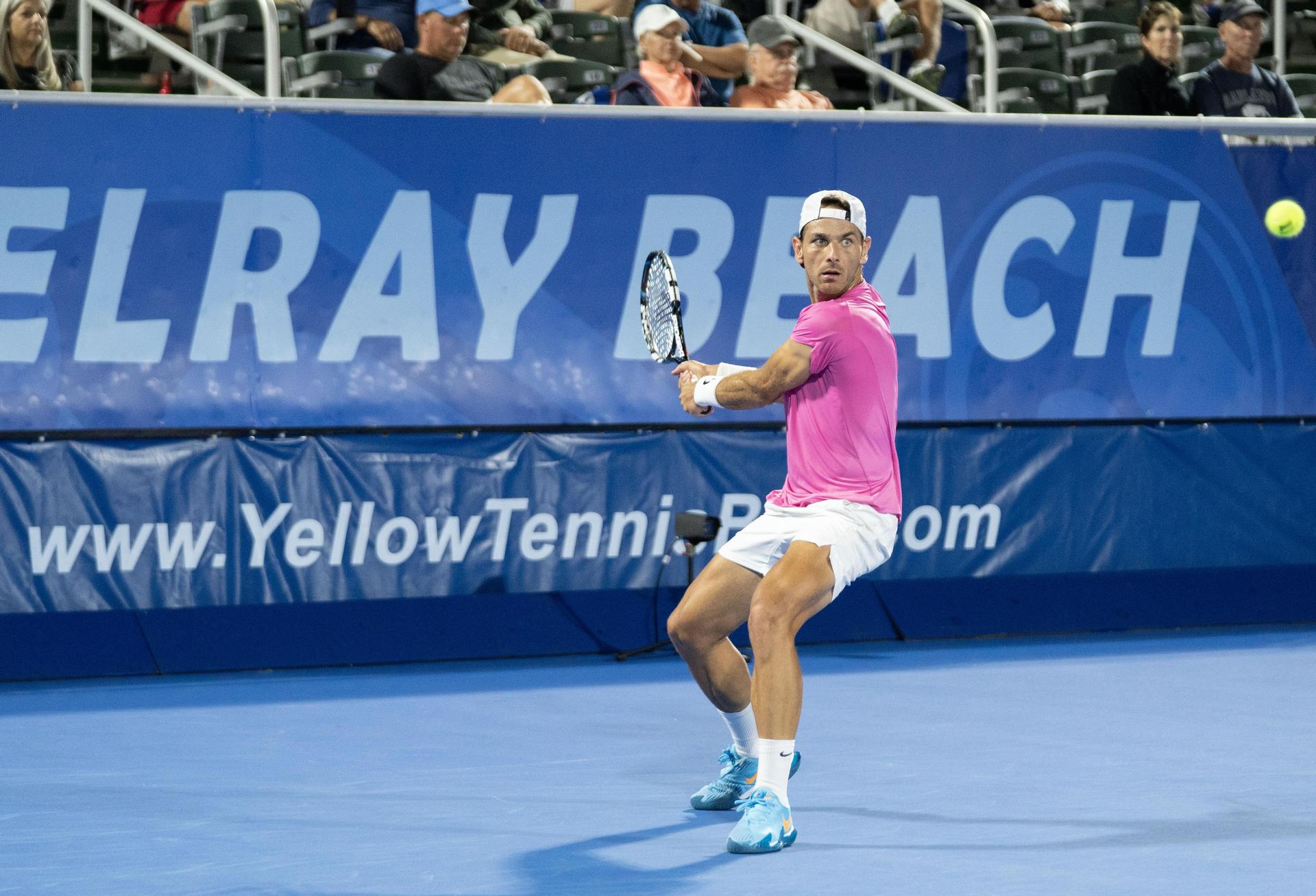 Matija Pecotić playing against Jack Sock, former world No. 8, at the 2023 Delray Beach Open. Croatian real estate investor Matija Pecotić won two qualifying matches against American players Stefan Kozlov and Tennys Sandgren. He then won the match against Jack Sock, former World No. 8 at the Delray Beach Open on Tuesday, Feb. 14, 2023.