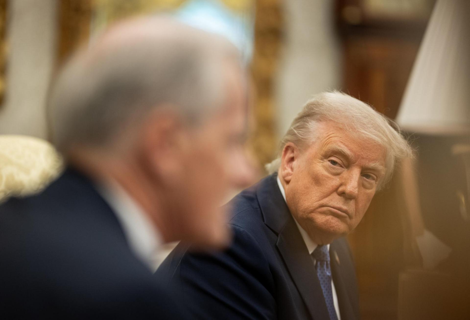 President Donald Trump listens to Norway Prime Minister Gahr Store in the Oval Office April 30, 2025.