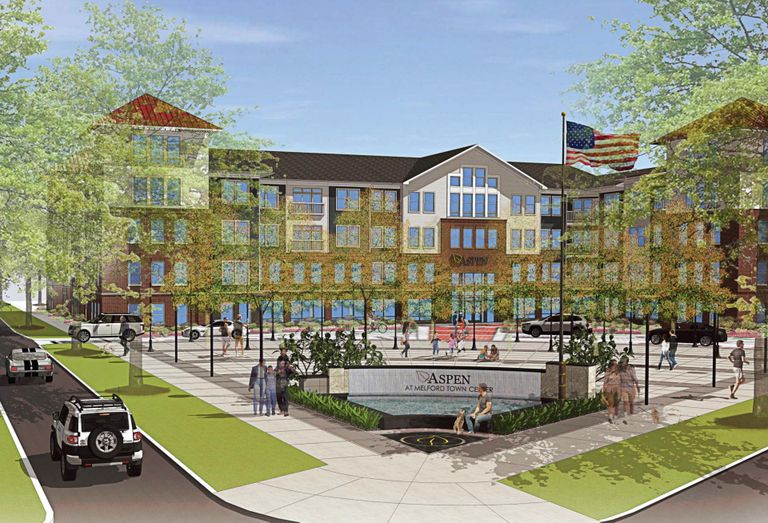 Rendering of the entrance to the four-story Aspen Apartments at Melford Town Center in Bowie, Maryland