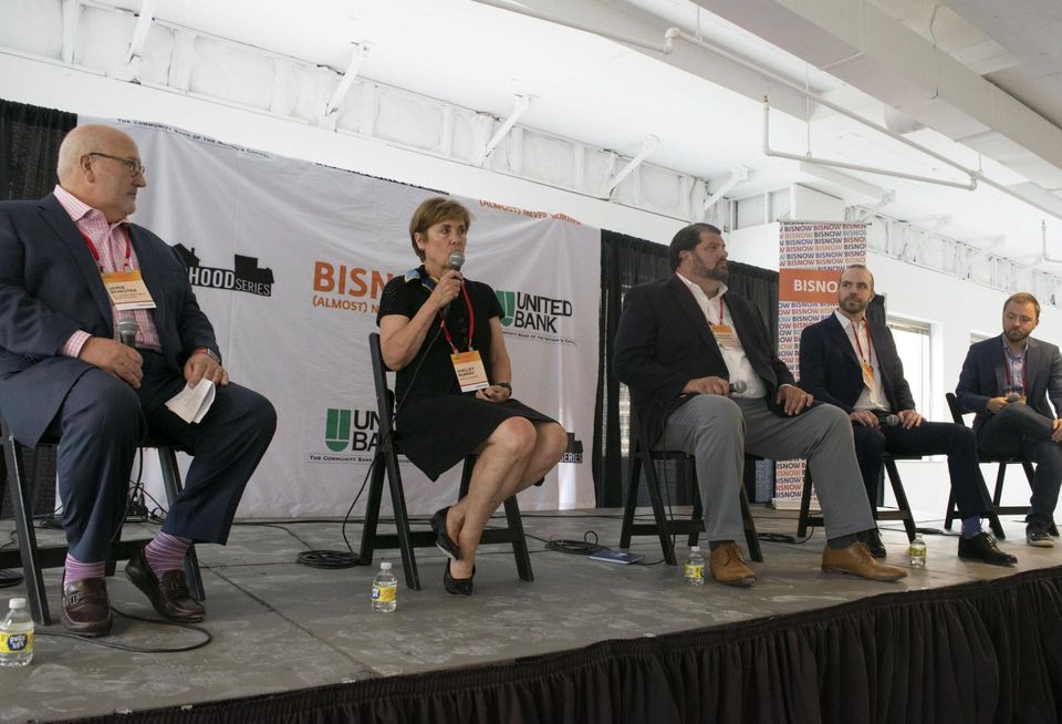 Pillsbury's Jamie Bobotek, Wesley Housing's Shelley Murphy, Alexandria Housing Development Corporation's Jonathan Frederick, Monday Properties' Frank Craighill and Fairstead'sNoah Hale speak during a panel at Bisnow's Future of Alexandria event.