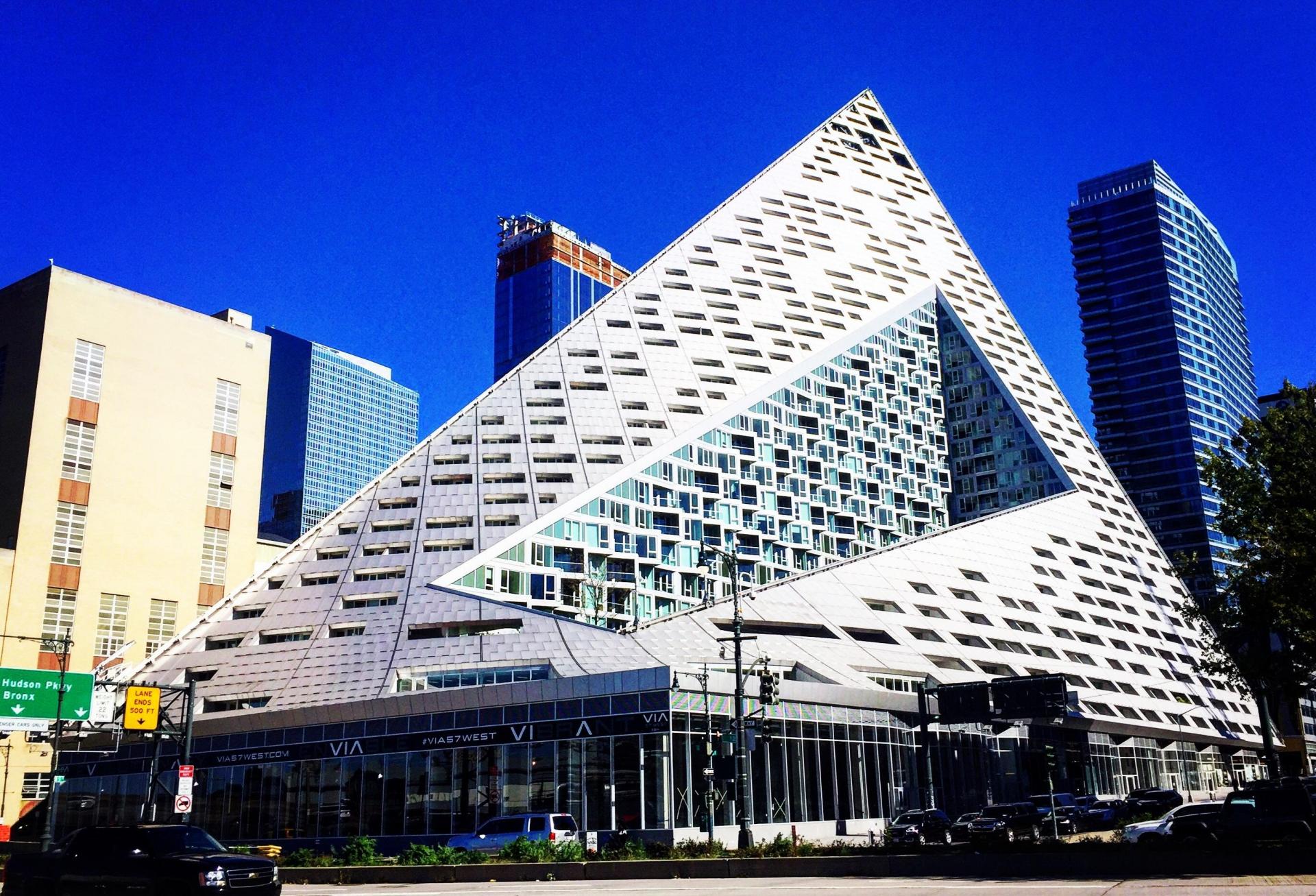 Via 57 West in Hell's Kitchen, a sail-shaped building designed by Bjarke Ingels and developed by the Durst Organization.