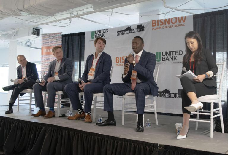 EYA's Bob Youngentob, Hoffman's Shawn Seaman, MRP's John Begert, Frontier Development's Evens Charles and Pillsbury Winthrop Shaw Pittman's Jessica Lee on a panel during Bisnow's D.C. State of the Market event on May 11, 2022