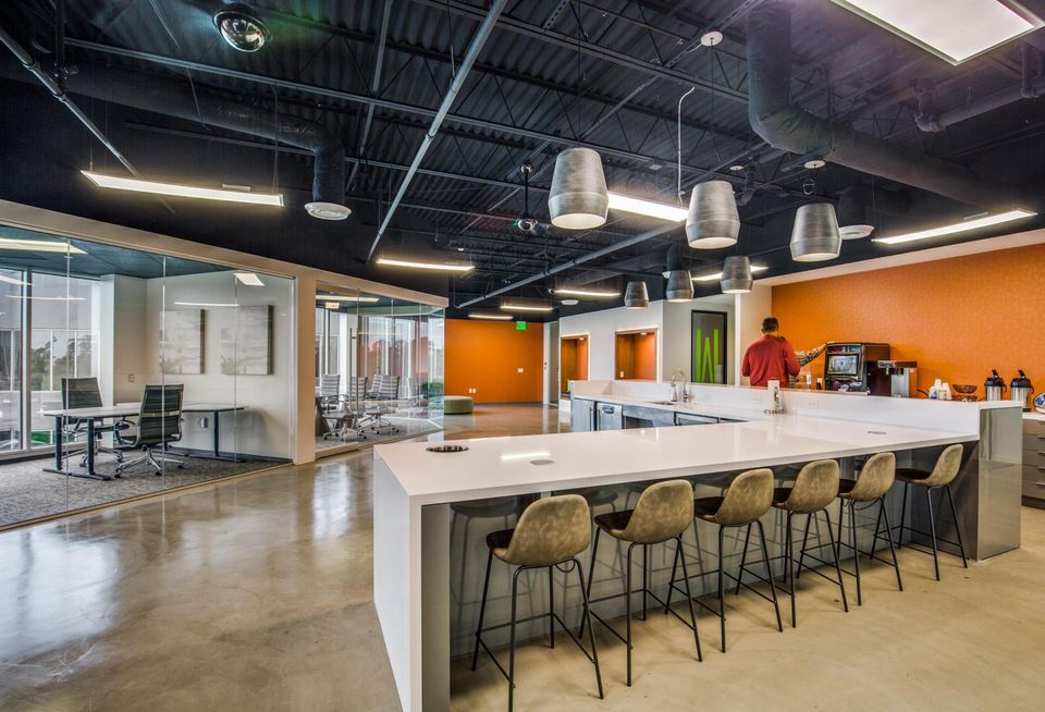 A shared common area at WorkSuites' location in The Woodlands, north of Downtown Houston.