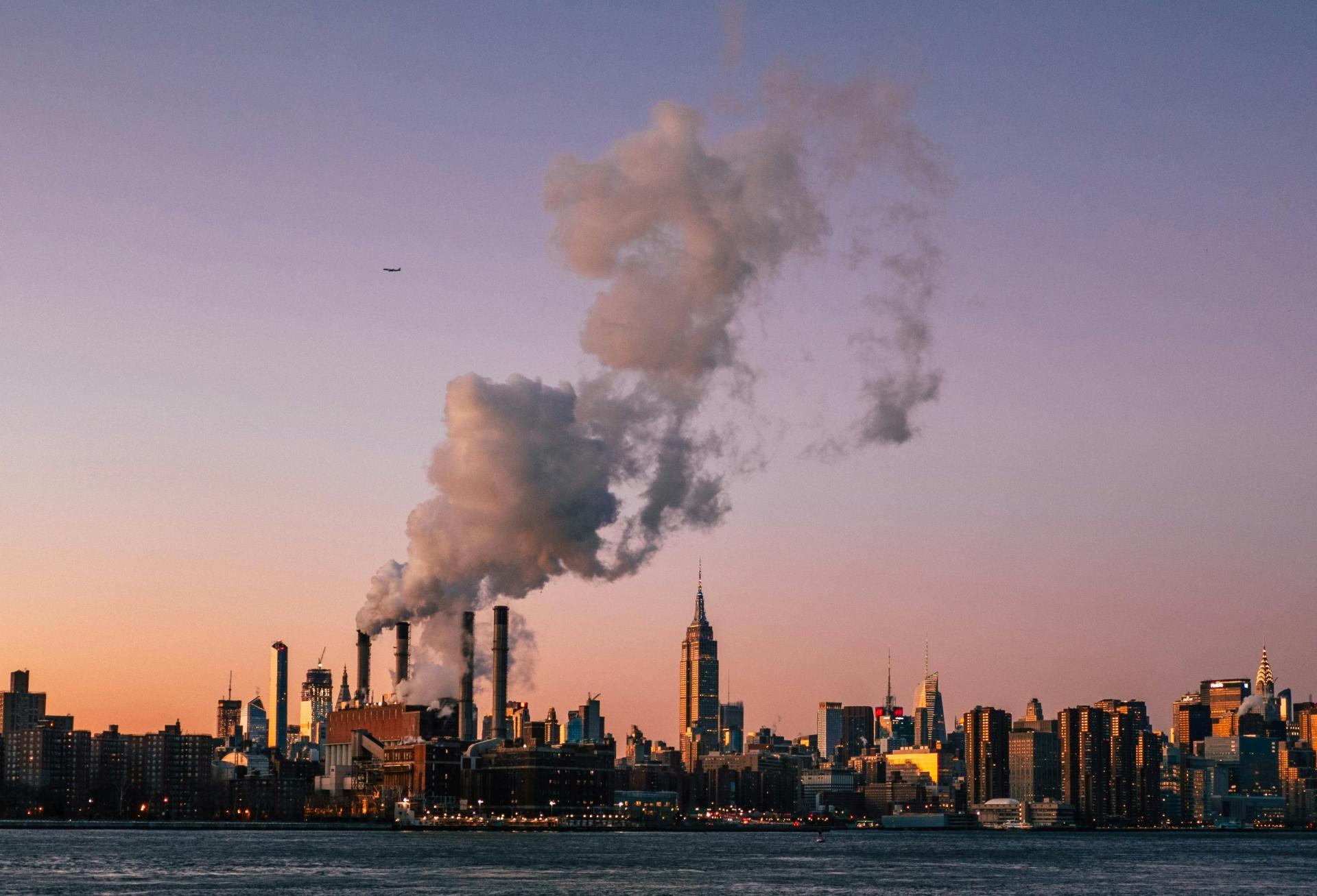 NYC skyline, smoke, greenhouse gas emissions
