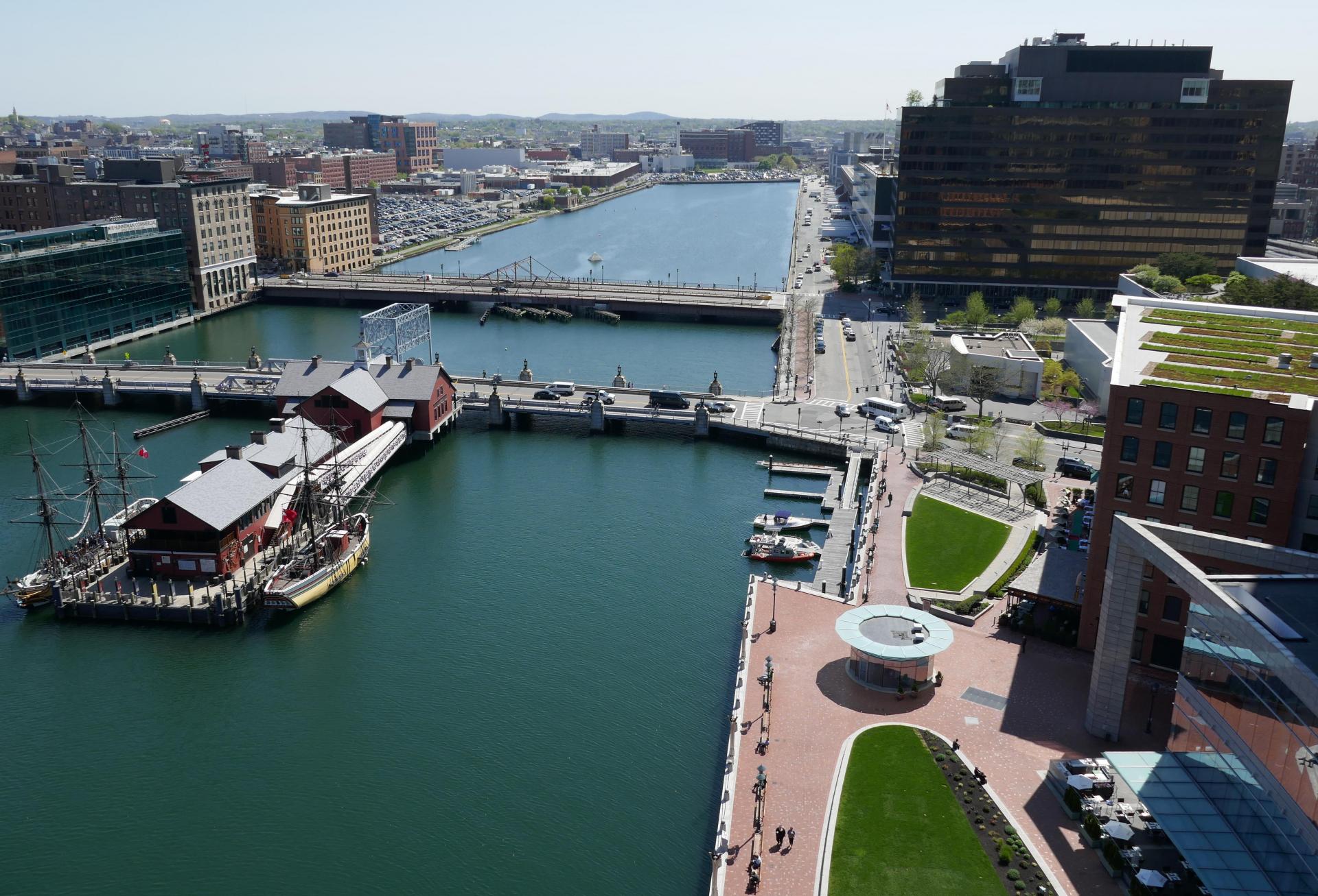 An aerial shot of the Fort Point Channel.