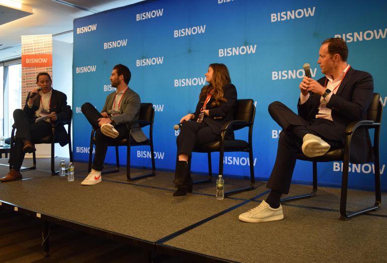 Cole Schotz' David Rubenstein, Maman's Guss Firestein, Brand Urban's Taryn Brandes and Regency Centers' Jack Devilliers on stage at Bisnow's national retail event.