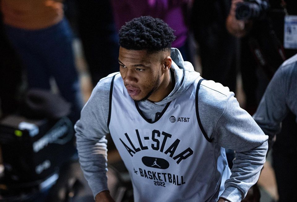 Giannis Antetokounmpo wearing an All-Star jersey.