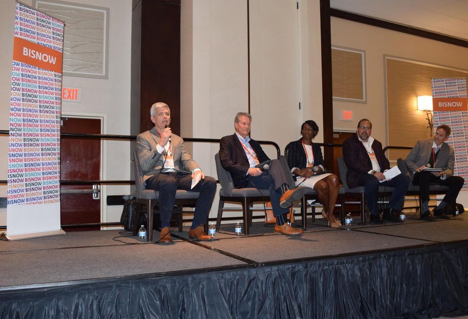 Steve Bolen, Gordon Soderlund, Roberta Tinch, David Moreno and Bob Gesing speak during a panel at Bisnow's 2022 Mid-Atlantic Healthcare Summit.