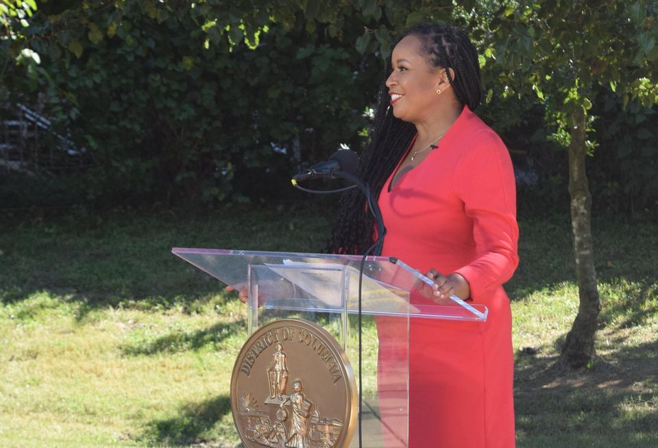 Catherine Buell, director of Amazon's Housing Equity Fund, speaks during an event at the Congress Heights Metro station in Washington, D.C. on Sept. 14, 2022.