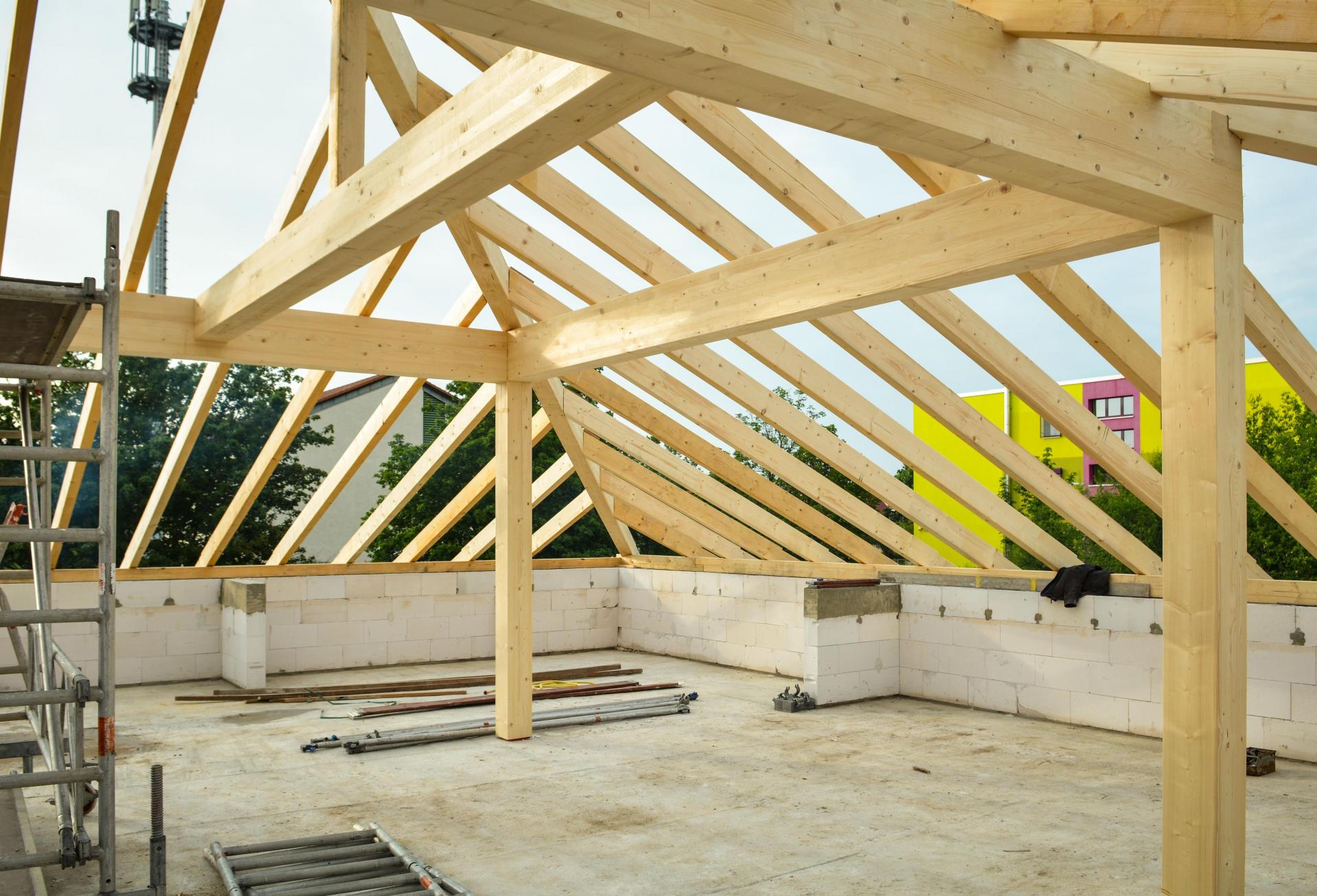 Pine framing on top of construction project.