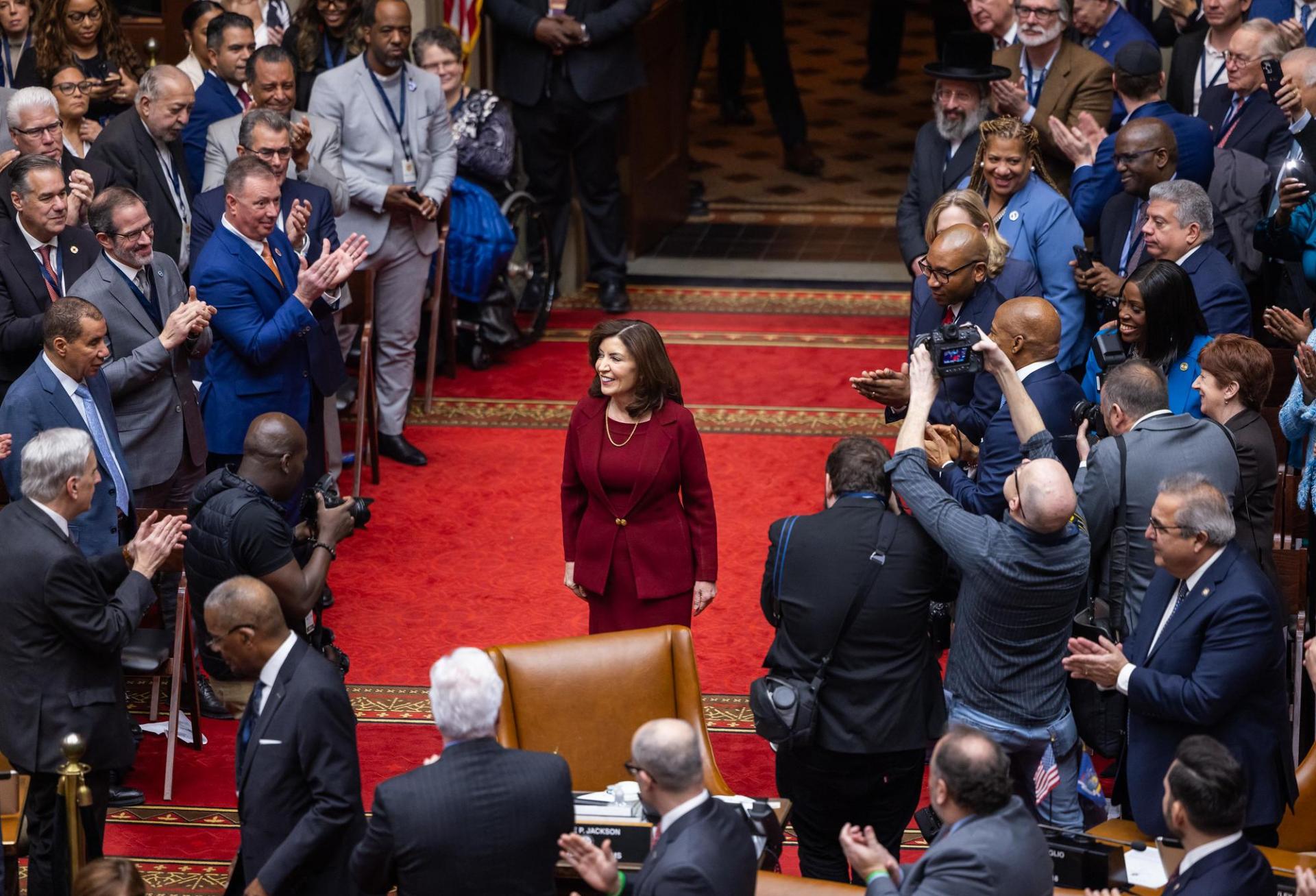 New York Gov. Kathy Hochul arrives on the floor of the New York State Capitol for her 2024 State of the State speech.