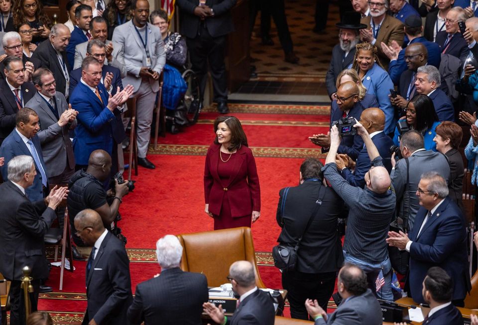 New York Gov. Kathy Hochul arrives on the floor of the New York State Capitol for her 2024 State of the State speech.