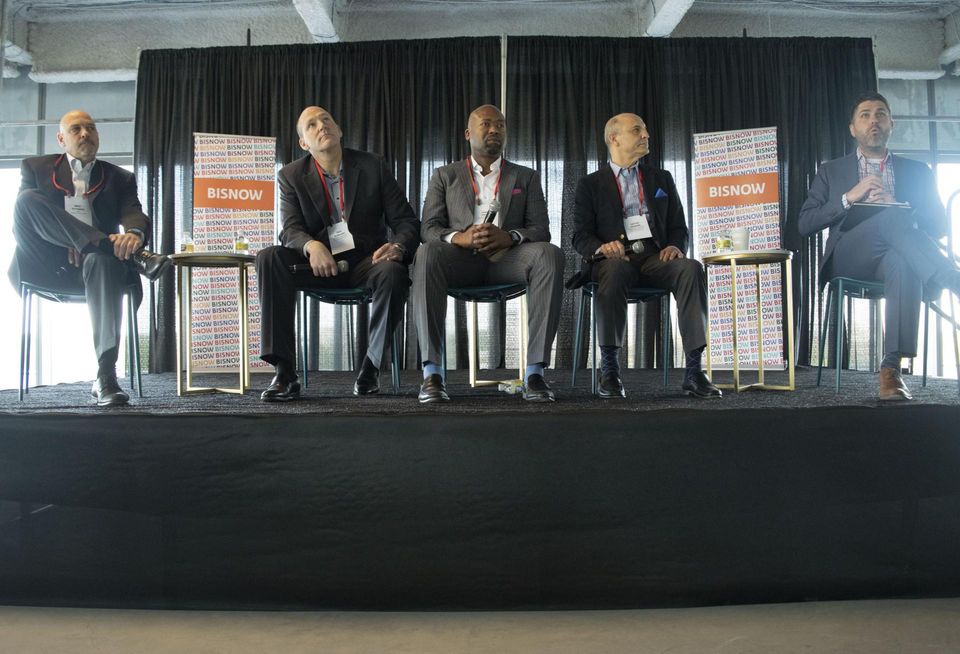 Davis' Mike Pittsman, Woodfield Development's Rick Rowland, St. James' Craig Dixon, Fairfax County Economic Development Authority's Victor Hoskins and Walsh, Colucci, Lubeley & Walsh's Andrew Painter speak during Bisnow's Future of Reston & Herndon event.