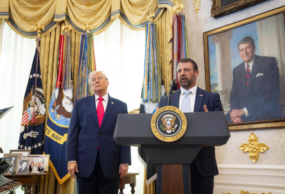 President Donald Trump participates in the swearing-in ceremony for former U.S. Sen. Markwayne Mullin as he is sworn in as secretary of homeland security by Pam Bondi in the Oval Office of the White House in Washington, D.C., March 24, 2026. (DHS photo by Tia Dufour/Released)