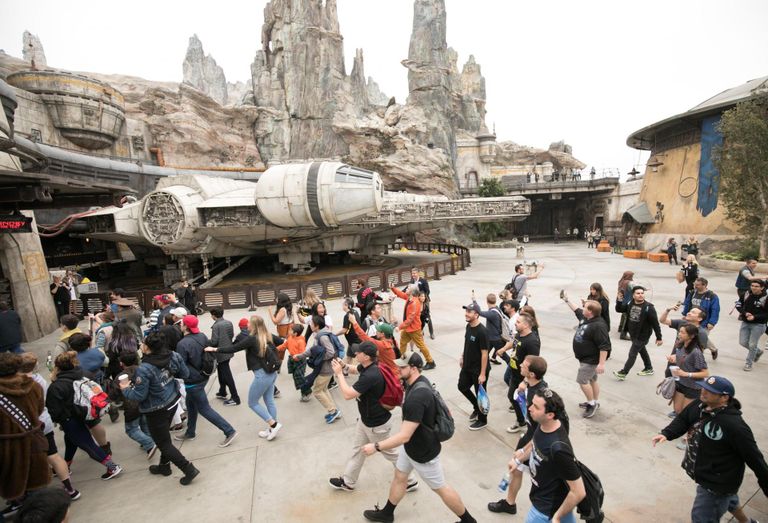 Visitors rush to ride the Millennium Falcon: Smugglers Run ride at Galaxy's Edge in Disneyland in Anaheim. 