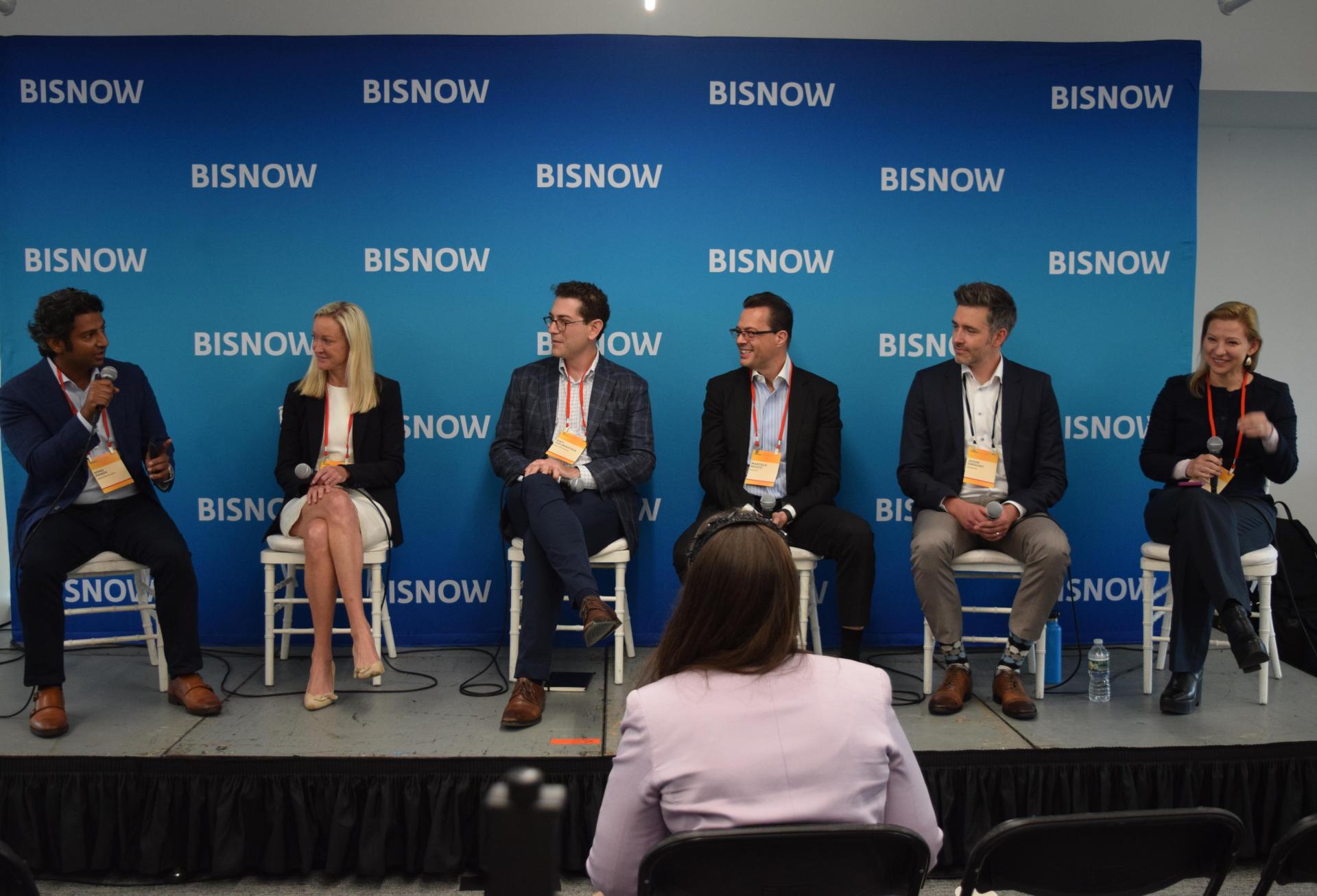 Prescriptive Data's Sonu Panda, Nuveen Green Capital's Jessica Bailey, PACE Loan Group's Rafi Golberstein, Ecosave's Marcelo Rouco, EnergyRM's Jason Gregory and CBRE's Helen Gurfel on stage at Bisnow's National Finance Summit in 2022.
