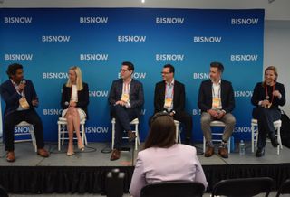 Prescriptive Data's Sonu Panda, Nuveen Green Capital's Jessica Bailey, PACE Loan Group's Rafi Golberstein, Ecosave's Marcelo Rouco, EnergyRM's Jason Gregory and CBRE's Helen Gurfel on stage at Bisnow's National Finance Summit in 2022.