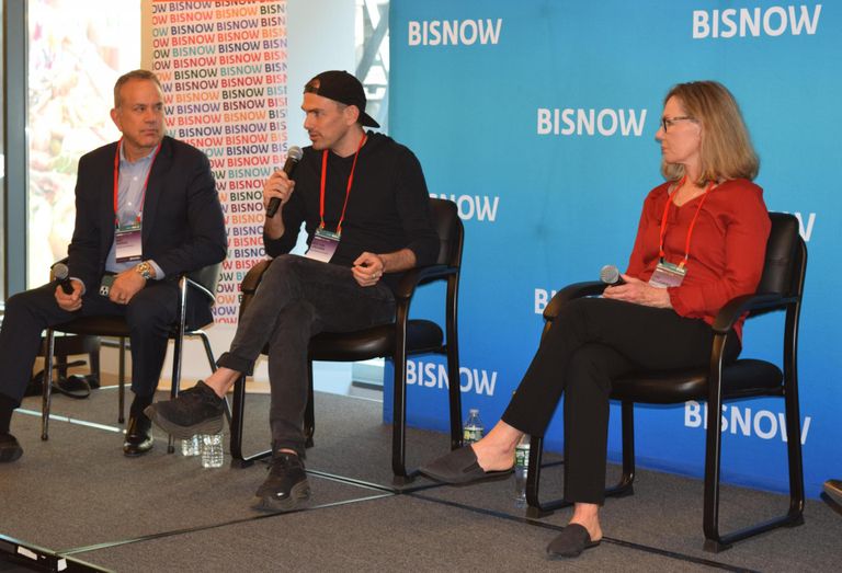 Adler & Stachenfeld's Eric Menkes on stage at Bisnow's 2023 national retail event with Van Leeuwen Ice Cream CEO and Co-founder Ben Van Leeuwen and Chipotle Lead Real Estate Manager Lori Pellegrino.