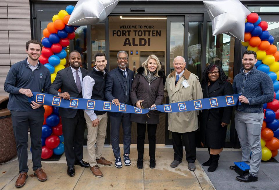 Project partners and D.C. leaders celebrating the groundbreaking of the Aldi grocery store in Fort Totten.