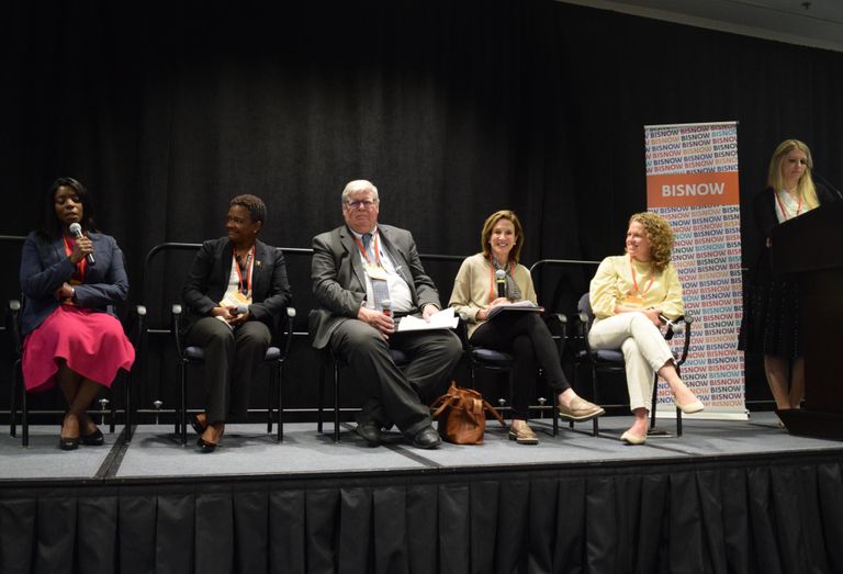 Activation Capital's Chandra Briggman, UMBC's Annica Wayman, University of Maryland's Gregory Ball, Johns Hopkins' Helen Montag, U.S. Pharmacopeia's Amanda Cowley and Charles River Laboratories' Janna Sircus speak during a panel at Bisnow's Mid-Atlantic Life Sciences & Biotech summit