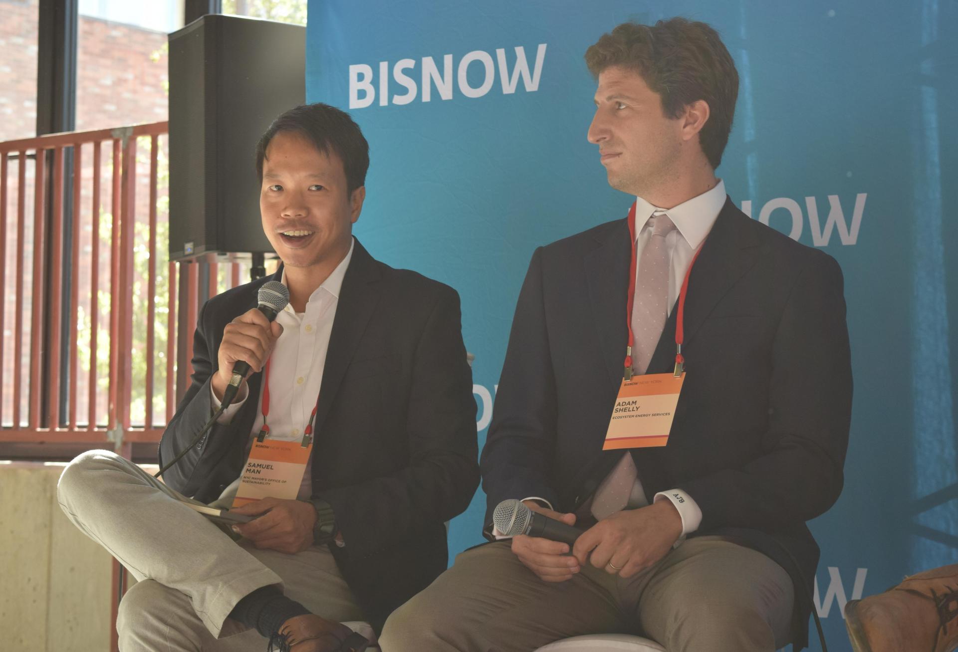 NYC Mayor's Office's Samuel Man and Ecosystem Energy Service's Adam Shelly on stage at Bisnow's NYC Sustainability & ESG event 