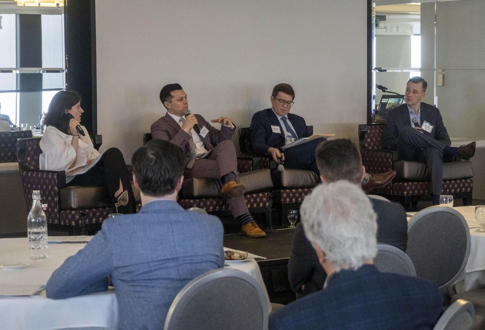 Parkway Corporation's Briana Wilkins, EQT Exeter's Gianni Parente, moderator and Ballard Spahr LLP's Matthew McClure and Toll Brothers Apartment Living's Bryan Oos discuss the 3% population growth in Philadelphia's Center City area on Feb. 28, 2024.
