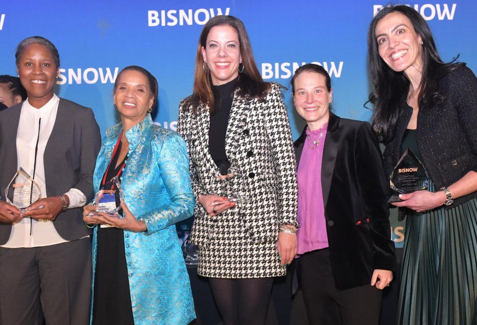 Winners of the Legal award, Katten Muchin Rosenman’s Louise Carroll, Capalino’s Susan Hinkson-Carling, Fried Frank’s Valerie Kelly,  Savanna Fund’s Valerie Kitay and Arbor Realty Trust’s Maysa Vahidi onstage at Bisnow's 2023 New York Women Leading Real Estate event.